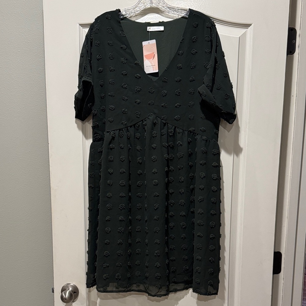 Dark Green Textured V-Neck Dress